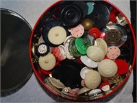 Vintage tin w/ buttons - military,bakelite,etc