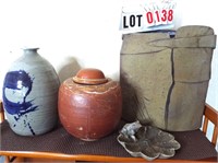 4 stoneware crock, blue front jar, frog dish