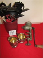 SPOONER CROCK W/ KITCHENWARE,MEAT GRINDER