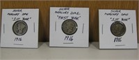 3 -1916 Silver Mercury Dime "First Year" Coins