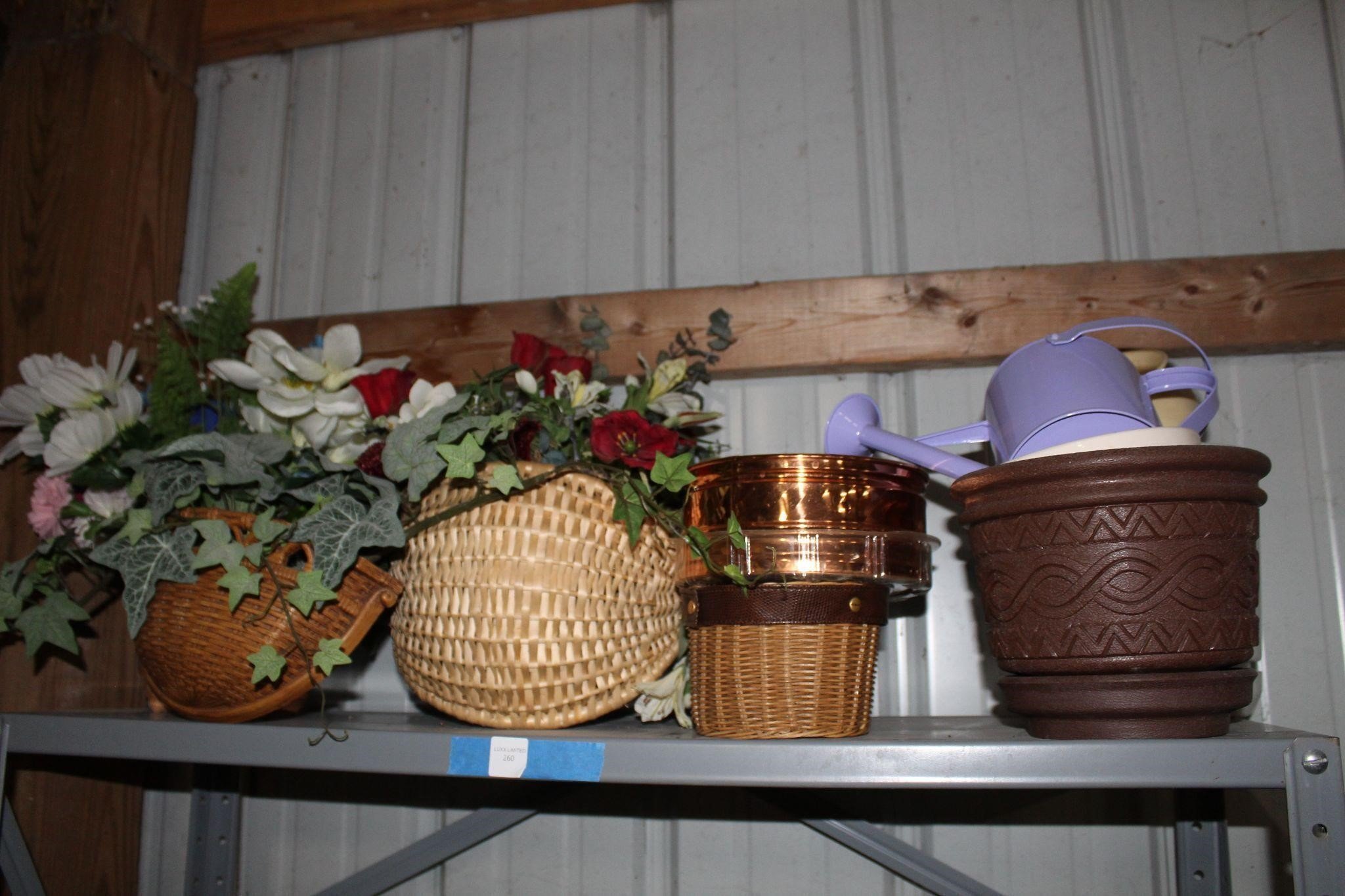 Shelf of Pots/Fake Plants and Baskets