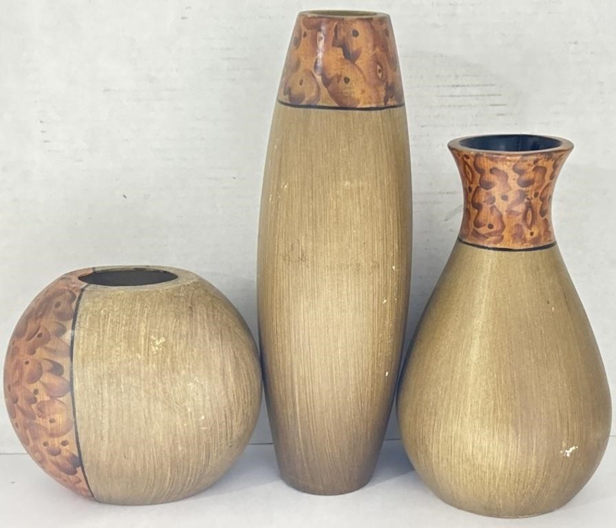 (AA) Decorative Wooden Vases, 6”-12” (3)