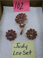 Judy Lee Pink RS Brooch and Earring Set