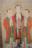 Framed polychrome painting of 3 x monks dressed in