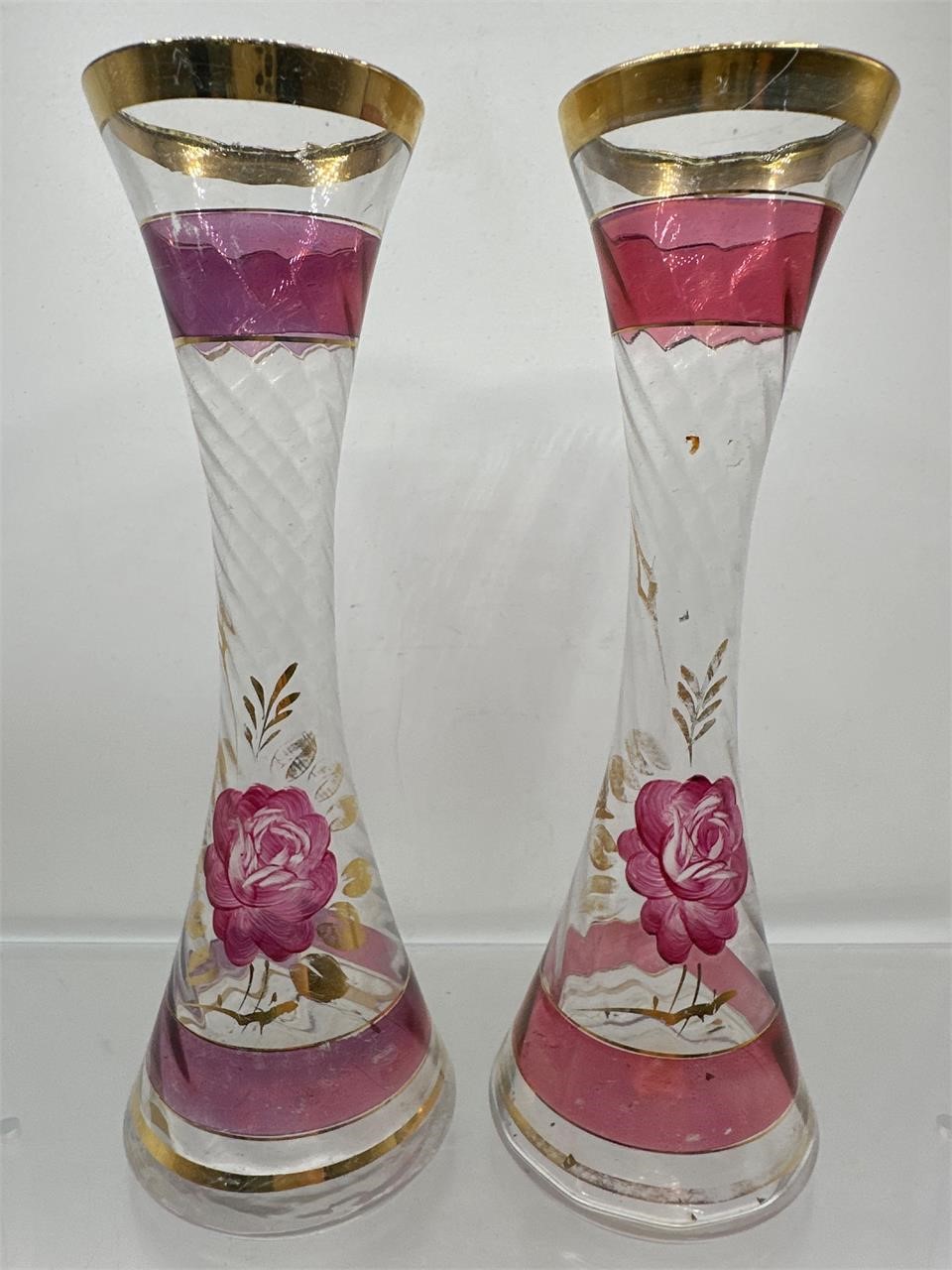 Rose painted glass bud vases
