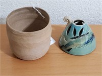 Signed Pottery Motive Candle Burner And Clay Pot