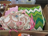 box of afghans & chair pads