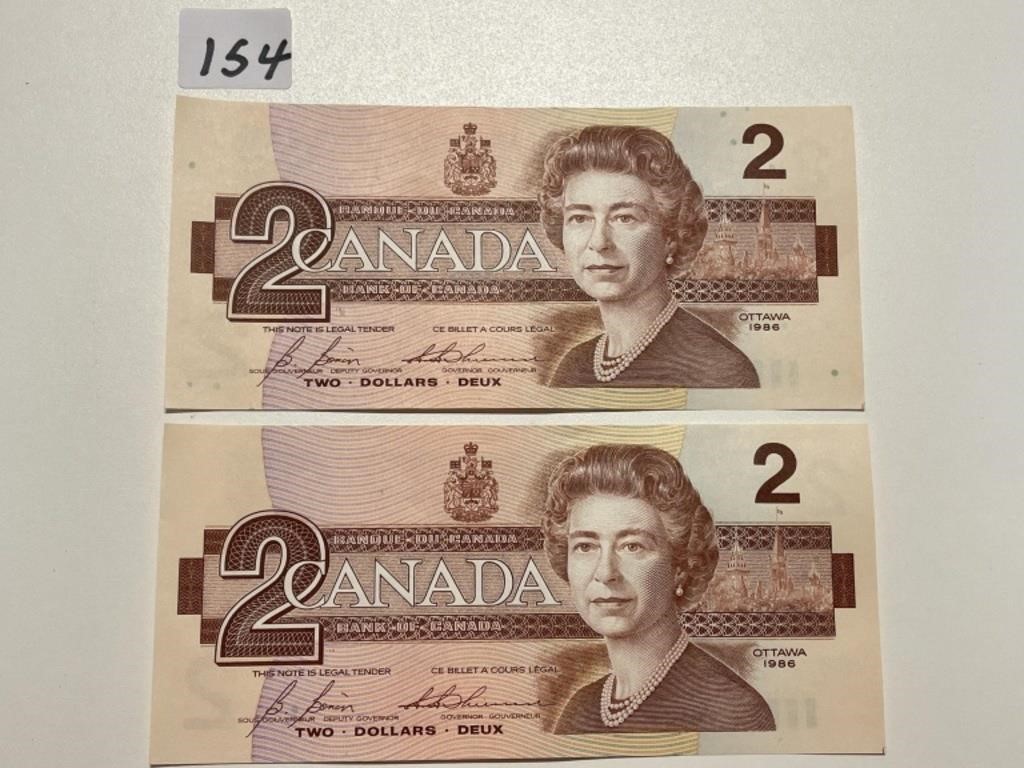 TWO CONSECUTIVE 1986 TWO DOLLAR BILLS