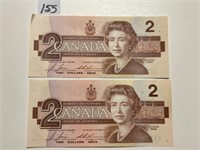 TWO CONSECUTIVE 1986 TWO DOLLAR BILLS