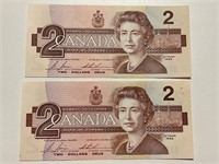 1986 TWO DOLLAR BILLS CONSECUTIVE NUMBERS