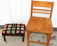 Wooden Chair, Hand Done Top Footstool