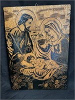 HAND-MADE PYROCRAFT HOLY FAMILY WOOD PLAQUE -