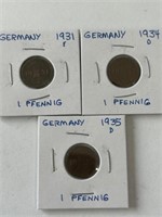 3 Germany 1 Pfennig: 1931F, 1934D, 1935D