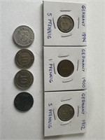 7 Germany Coins:1876, 1894, 1900, 1912(2), 1920(2)