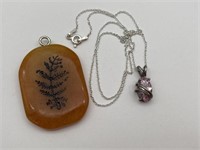 925 Silver Necklace w/ Pink Stone & Etched Stone