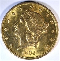 1904 $20.00 GOLD LIBERTY, XF/AU