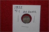 1852 Three Cent Silver Coin  Type 1