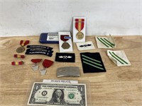 Vintage military patches and medals plus belt