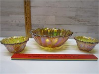 CARNIVAL GLASS CANDLE HOLDERS & SERVING BOWL