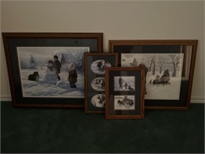 (4) Oak Framed Winter Scene Home Decor Prints