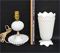Vintage Hobnail Milk Glass Lamp & Vase