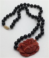 Onyx & Coral Pendant Necklace W 14k Gold Clasp