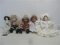 Five Assorted Porcelain Dolls Tallest 19"