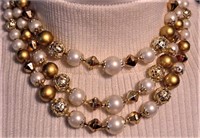 3 Strand Gold Silver White Bead Necklace