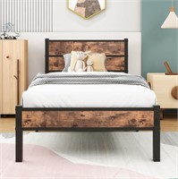 SEALED - Metal Bed Frame with Modern Wood Headboar