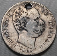 Italy 2 Lira 1887 hole .835 silver