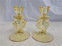 2 Fostoria Glass Flame Topaz Yellow Candlesticks