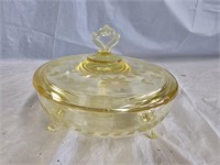 Yellow Depression Glass Etched Covered Candy Dish