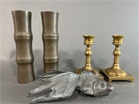 Two Sets of Brass Candlesticks and Brass Fish