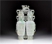 CHINESE CARVED JADEITE DOUBLE ORNAMENTAL VASE