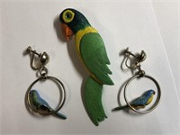 Set of parrot Bird Earrings & Pin