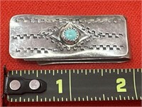 Unmarked Sterling Silver & Turquoise Money Clip