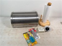 breadbox, timers & paper towel holder