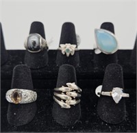 6 Rings- Size 7- Marks: 925, Mexico, butterfly,