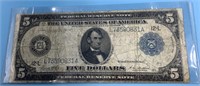Large size 5 dollar Fed reserve note series 1914