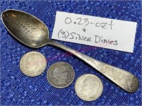 3 Old Silver Dimes & little spoon 0.23-ozt