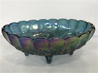 Blue carnival glass textured footed serving bowl