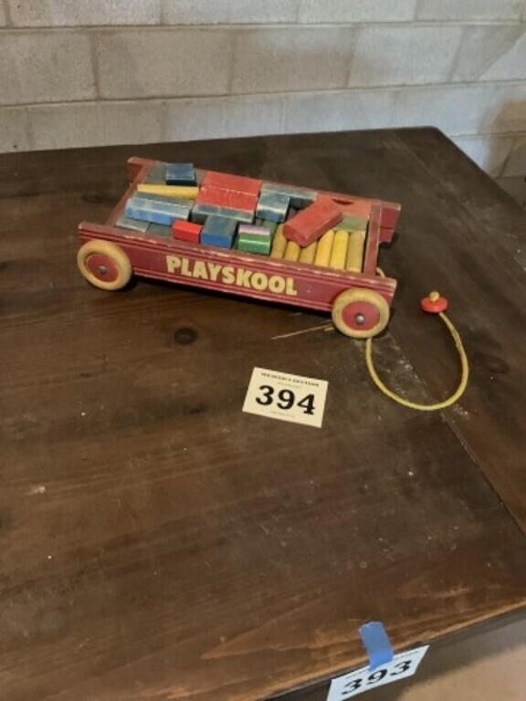 Plasskool wooden pull wagon with blocks