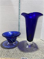 Vintage Cobalt Encased Clear Vase Tulip 12in tall
