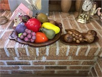 Glass Fruit & Wood Carved Fruit & Bowl