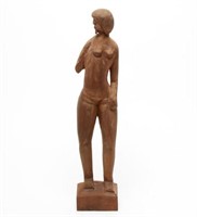 Signed Ney, Wood Sculpture Nude Standing Woman