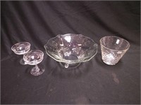 Four rock crystal items: footed 11" fruit bowl,