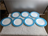 7 PYREX, Aqua Blue Rimmed Dinner Plates- 10"