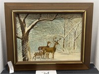 Winter painting w/ deer signed ??? 20x16