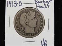 1913 D BARBER HALF DOLLAR 90%