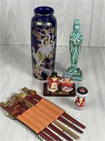 ASIAN HOME DECOR CHOP STICKS CERAMIC VASE & FIGURN